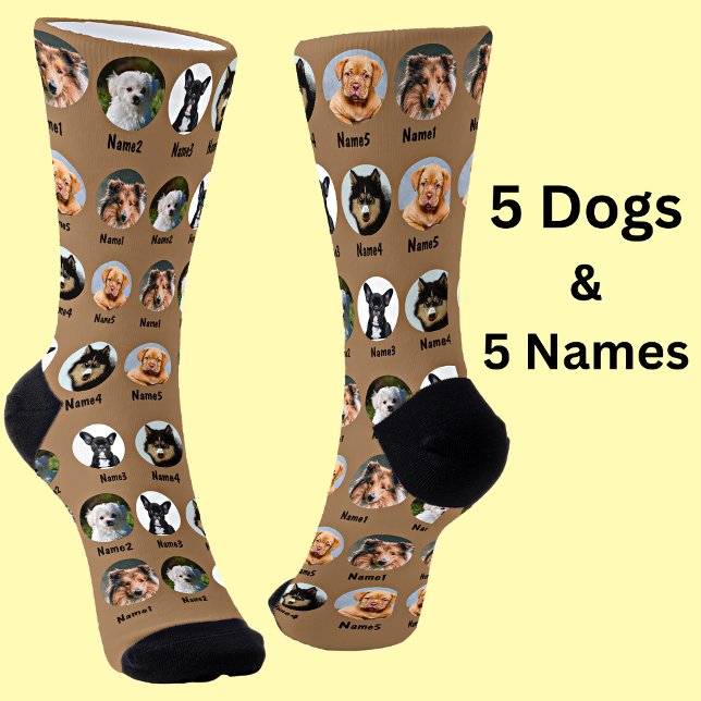 5 Dogs, 5 Names, Dog Photo - Personalised Brown Socks (Creator Uploaded)
