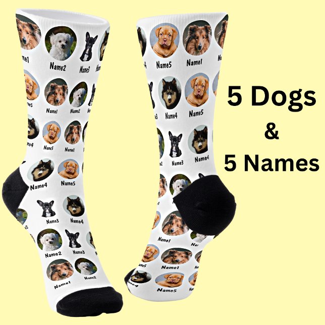 5 Dogs, 5 Names, Dog Photo - Personalised White  Socks (Creator Uploaded)