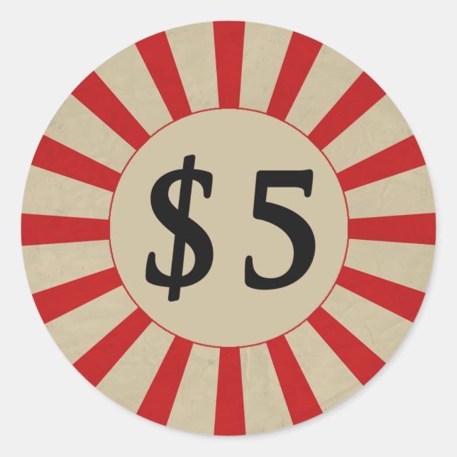 $5 (Dollar) Round Glossy Price Tag (Front)
