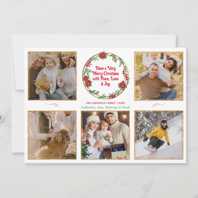 5 Family Photo Modern Merry Christmas Holiday Card (Front)