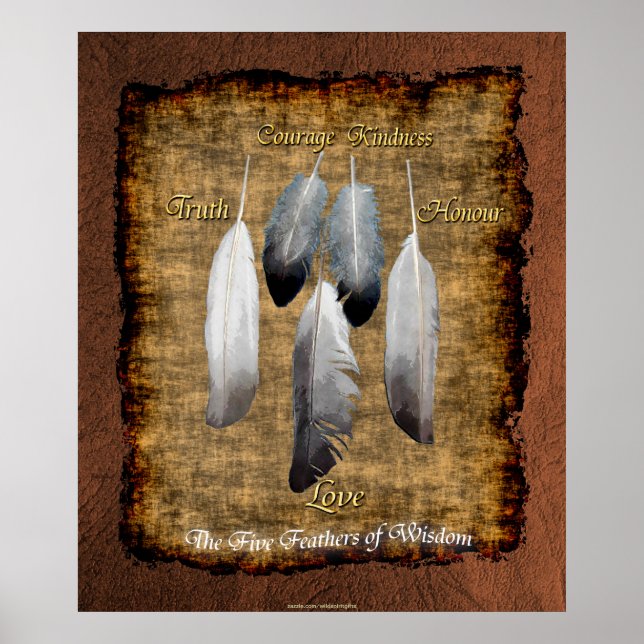 5 Feathers on Parchment Native American Wisdom Poster (Front)