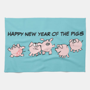 5 Funny Cartoon Illustration Pig Year 2019 Kitchen Tea Towel