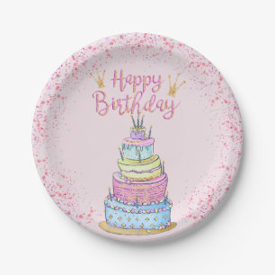 5 Layer Modern Girly Birthday Cake and Confetti Paper Plate