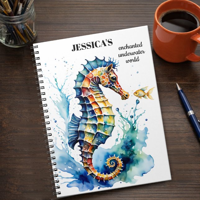5 Notebook (Enchanting watercolor spiral notebook featuring a colorful seahorse with cute fish)