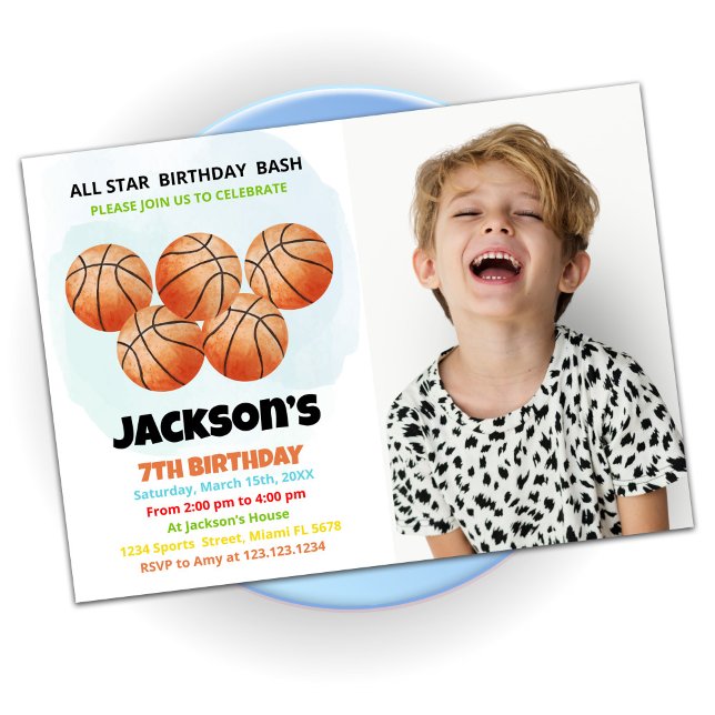 5 Orange Basketball Birthday Invitations w photo (Creator Uploaded)