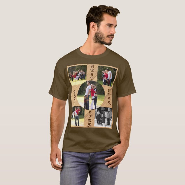 5 Photo Best Dad Ever 20XX Wood Grain Diagonal T-Shirt (Front Full)