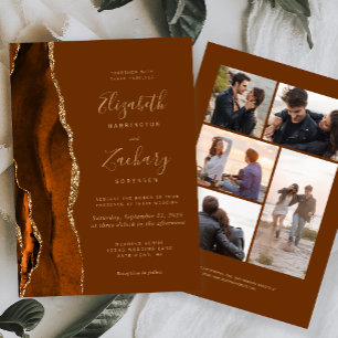 5-Photo Burnt Orange Agate Nutmeg Brown Wedding Invitation