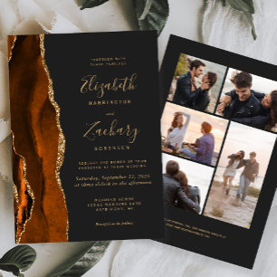 5-Photo Burnt Orange Gold Agate Dark Wedding Invitation
