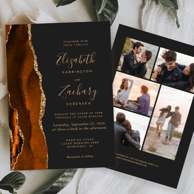 5-Photo Burnt Orange Gold Agate Dark Wedding Invitation (Creator Uploaded)