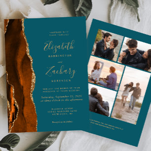 5-Photo Burnt Orange Gold Agate Teal Wedding Invitation