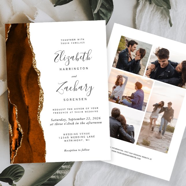 5-Photo Burnt Orange Gold Agate Wedding Invitation (Creator Uploaded)