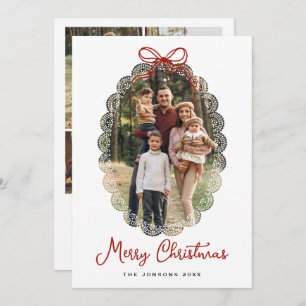 5 Photo Christmas Elegant Vintage Lace Red Bow Holiday Card