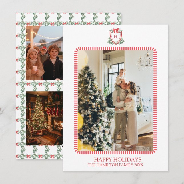 5 Photo Christmas Monogram Photo Grandmillennial Holiday Card (Front/Back)