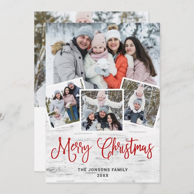 5 PHOTO Christmas Rustic Birch Bark Greeting Holiday Card (Front/Back)