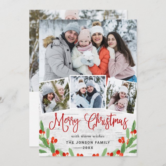 5 PHOTO Christmas Rustic Birch Bark Greeting Holiday Card (Front/Back)