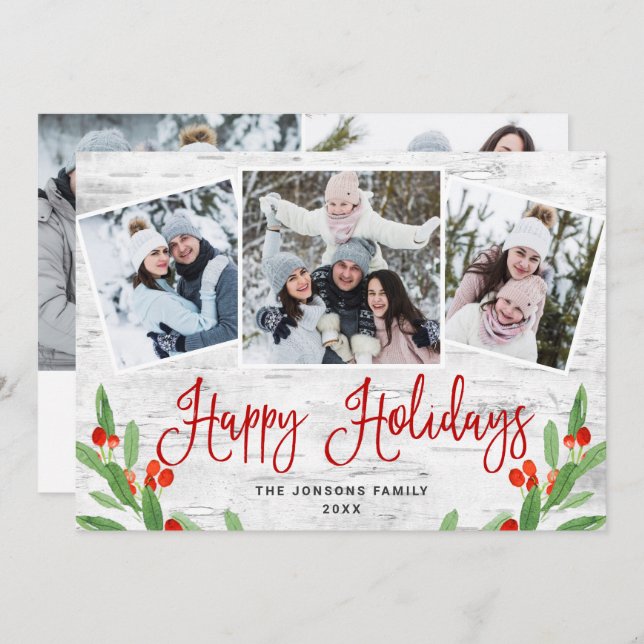 5 PHOTO Christmas Rustic Birch Bark Greeting Holiday Card (Front/Back)