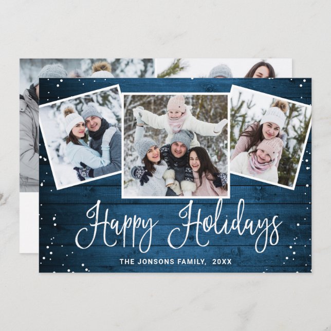 5 PHOTO Christmas Rustic Blue Wood Greeting Holiday Card (Front/Back)