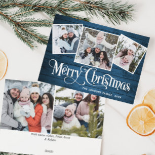 5 PHOTO Christmas Rustic Blue Wood Greeting Holiday Card