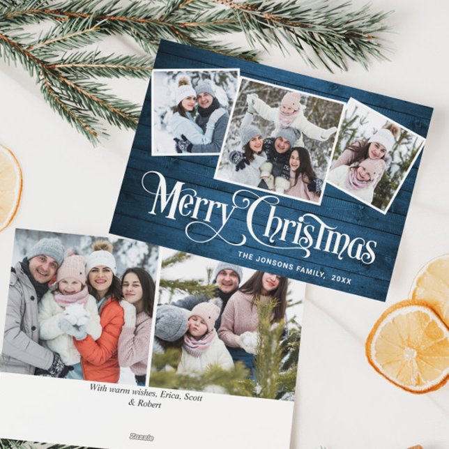 5 PHOTO Christmas Rustic Blue Wood Greeting Holiday Card (Creator Uploaded)