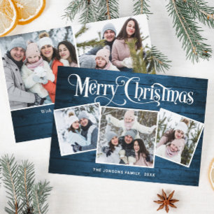 5 PHOTO Christmas Rustic Blue Wood Greeting Holiday Card