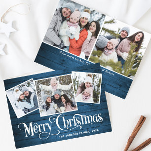 5 PHOTO Christmas Rustic Blue Wood Greeting Holiday Card