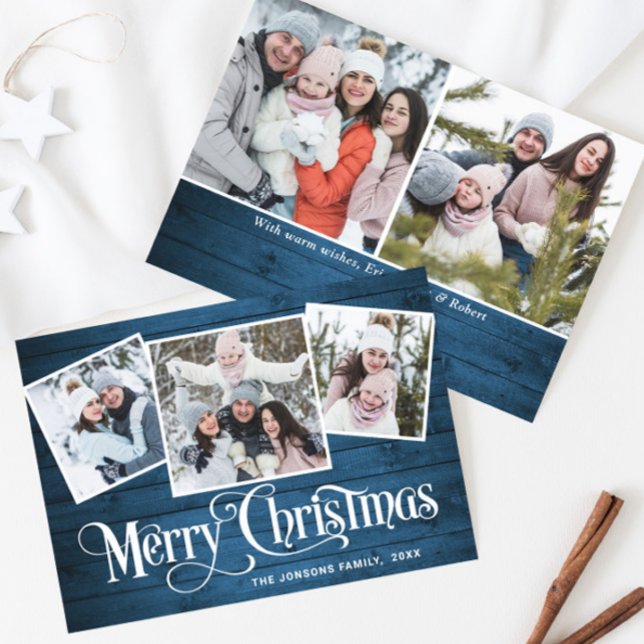 5 PHOTO Christmas Rustic Blue Wood Greeting Holiday Card (Creator Uploaded)