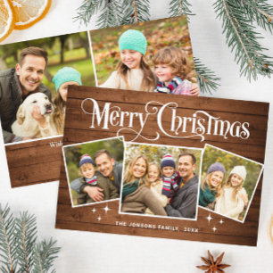 5 PHOTO Christmas Rustic Brown Wood Greeting Boho Holiday Card