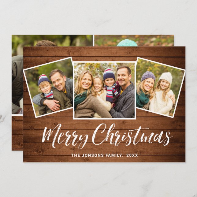 5 PHOTO Christmas Rustic Brown Wood Greeting Holiday Card (Front/Back)