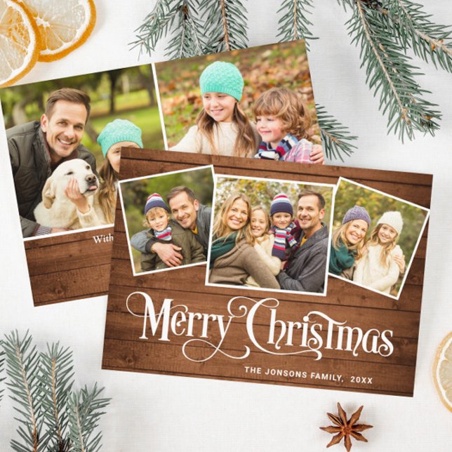 5 PHOTO Christmas Rustic Brown Wood Greeting Holiday Card (Creator Uploaded)