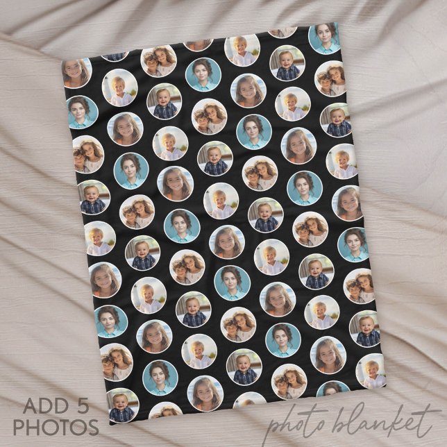 5 Photo Circle Border Collage - Black White Fleece Blanket (Custom Photo Blanket)