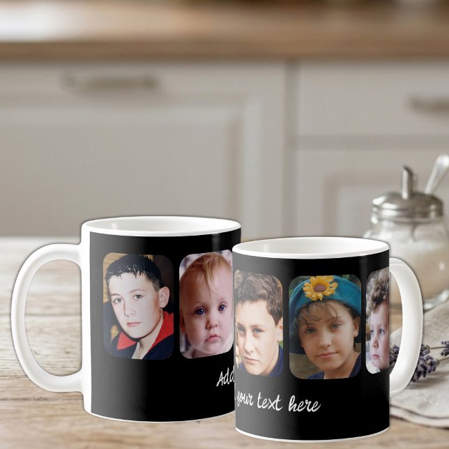 5 photo collage add text black coffee mug (Creator Uploaded)