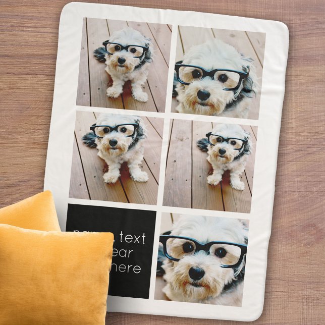 5 Photo Collage and text colour block - black whit Sherpa Blanket (Personalized sherpa blanket with photos and text)