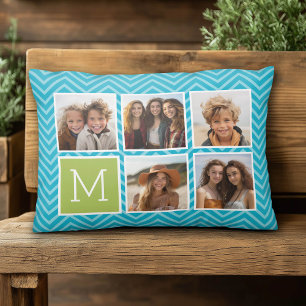 5 Photo Collage - Aqua Blue and Lime Monogram Decorative Cushion