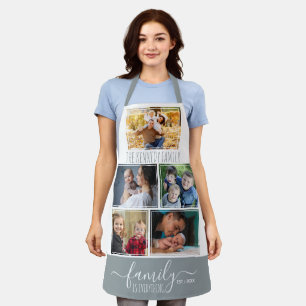 5 Photo Collage Family Name Quote Gray And White Apron