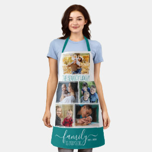 5 Photo Collage Family Name Quote Teal And White Apron