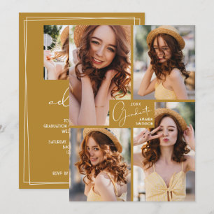 5 Photo Collage Gold Graduation Party Invitation