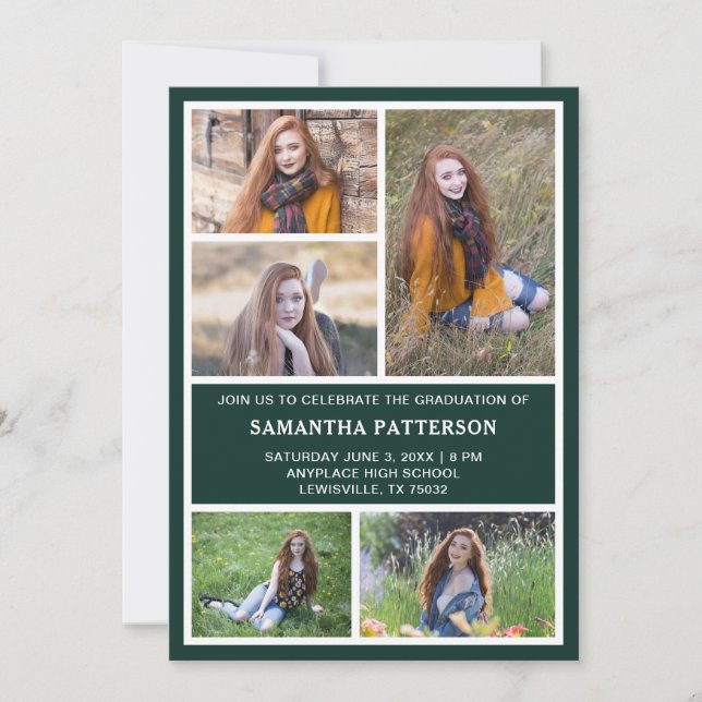  5 Photo Collage Green & White Graduation   Invitation (Front)