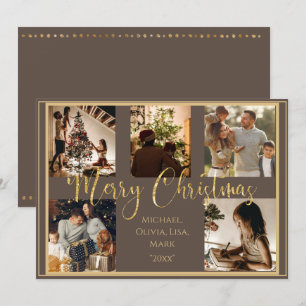 5 Photo Collage Merry Christmas Gold  Holiday Card