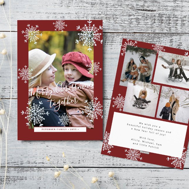 5 photo collage Merry Christmas snowflakes red  Holiday Card (Creator Uploaded)