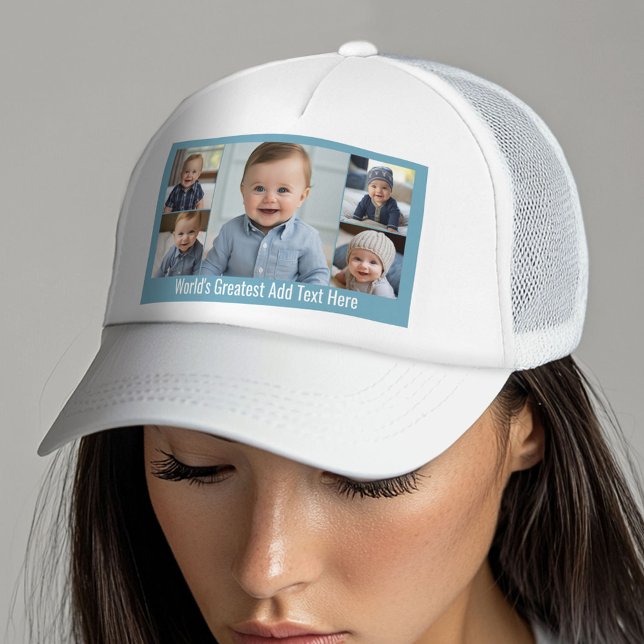 5 Photo Collage Modern Minimal Blue White Trucker Hat (Custom Trucker Hat with Photo Collage)