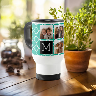 5 Photo Collage Monogram - Emerald Green and Black Travel Mug