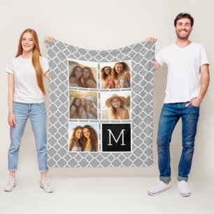 5 Photo Collage Monogram - Grey Pattern and Black Fleece Blanket