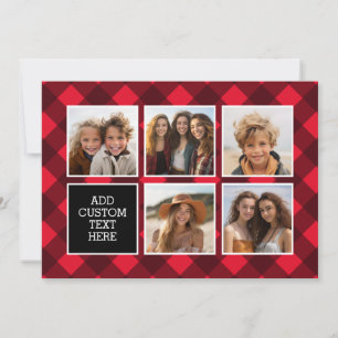 5 Photo Collage - Monogram Red Black Buffalo Plaid Holiday Card