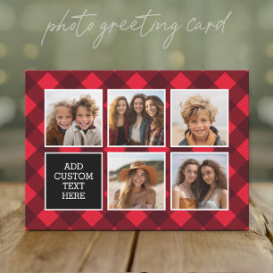 5 Photo Collage - Monogram Red Black Buffalo Plaid Holiday Card