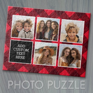5 Photo Collage - Monogram Red Black Buffalo Plaid Jigsaw Puzzle