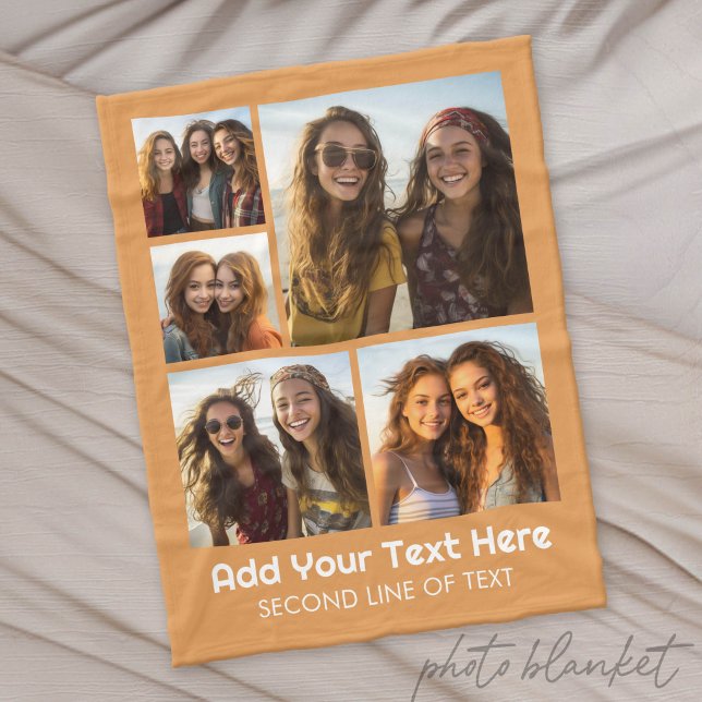 5 Photo Collage Optional Text - Minimal Modern Fleece Blanket (Custom Photo Blanket - Makes a Great Gift)