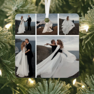 5 Photo Collage Our First Christmas Wedding Couple Metal Tree Decoration