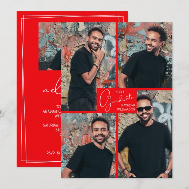 5 Photo Collage Red Graduation Party Invitation (Front/Back)