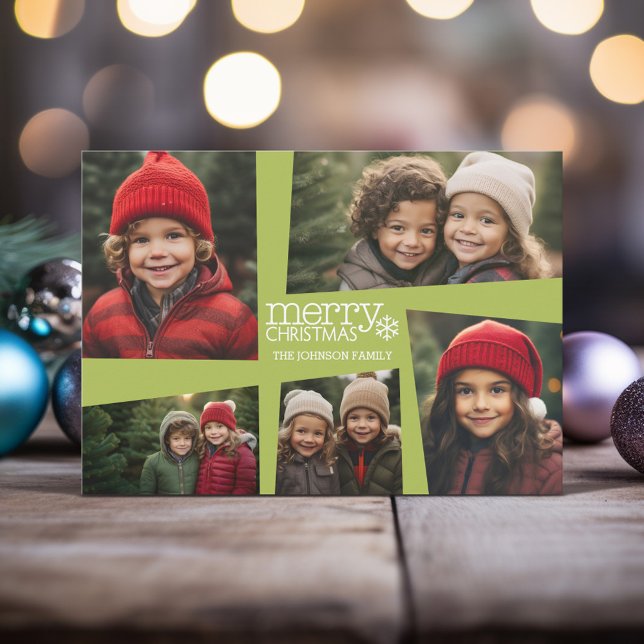 5 Photo Collage Retro Joy and Peace Green Holiday Card (Modern Christmas Card with 5 Photos and a funky retro design)