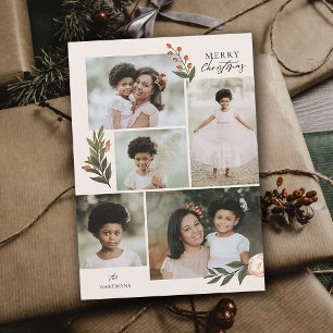 5 Photo Collage Terracotta Boho Floral Christmas Holiday Card
